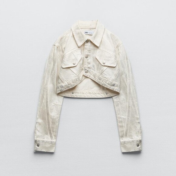 Zara White Silver Metallic Cropped Denim Jacket Jeans Set